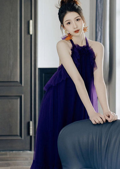 Purple Ruffled Patchwork Halter Tulle Long Dresses Sleeveless