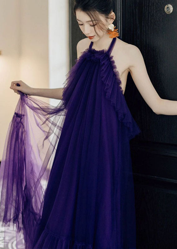 Purple Ruffled Patchwork Halter Tulle Long Dresses Sleeveless