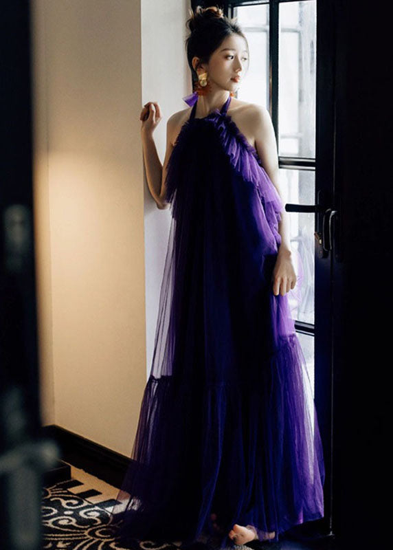 Purple Ruffled Patchwork Halter Tulle Long Dresses Sleeveless