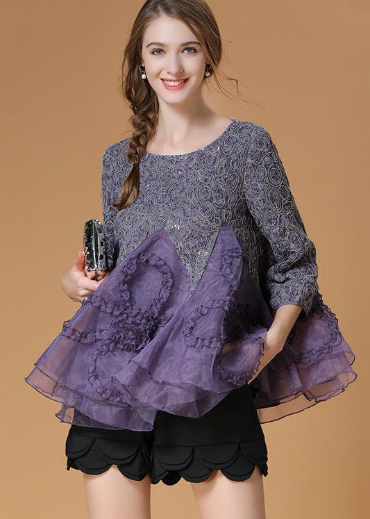 Purple Ruffled Patchwork Organza Shirt Top Bracelet Sleeve