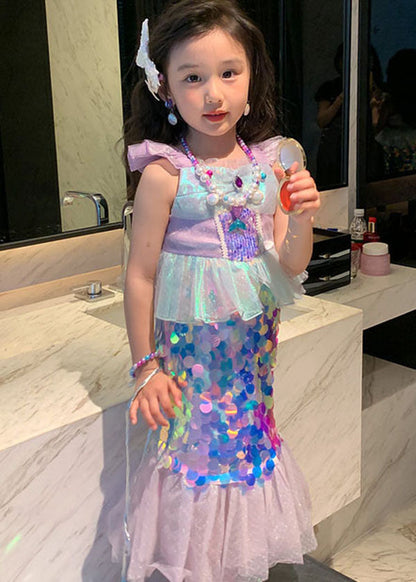 Purple Ruffled Sequinspatchwork Tulle Baby Fish Tail Dress Summer