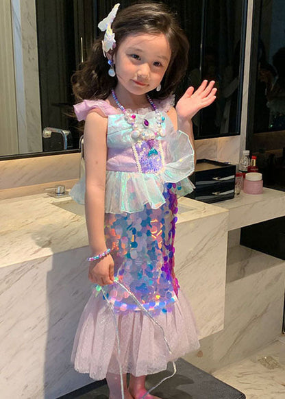 Purple Ruffled Sequinspatchwork Tulle Baby Fish Tail Dress Summer