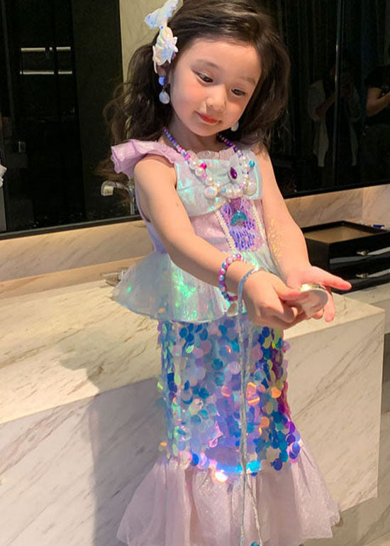 Purple Ruffled Sequinspatchwork Tulle Baby Fish Tail Dress Summer
