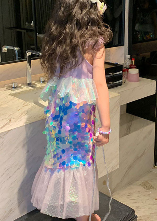 Purple Ruffled Sequinspatchwork Tulle Baby Fish Tail Dress Summer