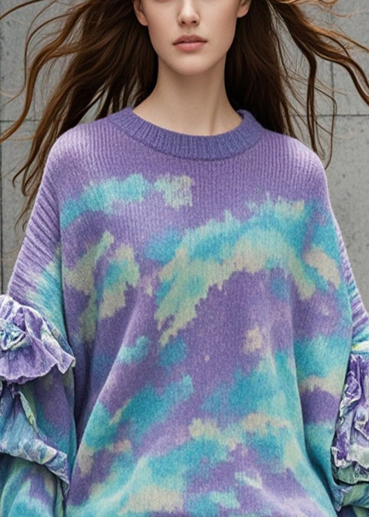 Purple Ruffled Tie Dye Knit Sweater Tops Fall