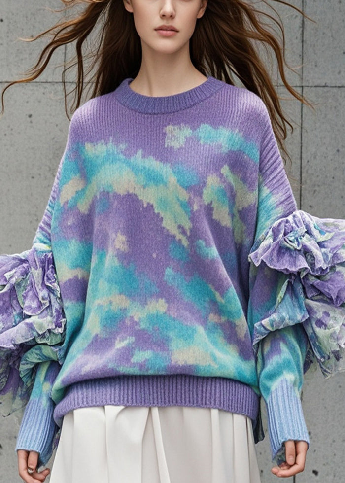 Purple Ruffled Tie Dye Knit Sweater Tops Fall