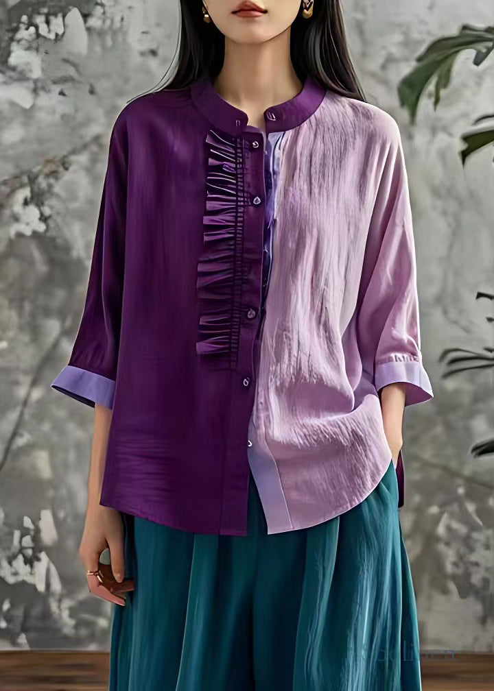 Purple Stand Collar Button Tops Fall