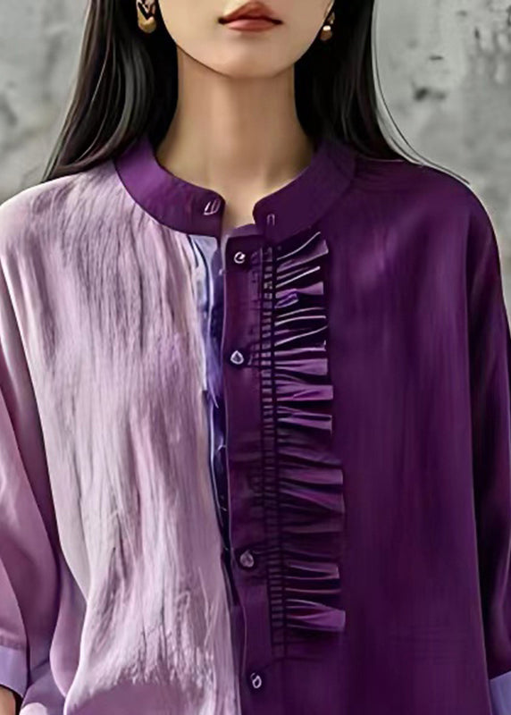 Purple Stand Collar Button Tops Fall