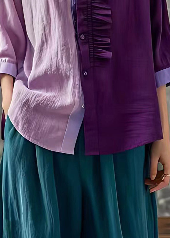 Purple Stand Collar Button Tops Fall