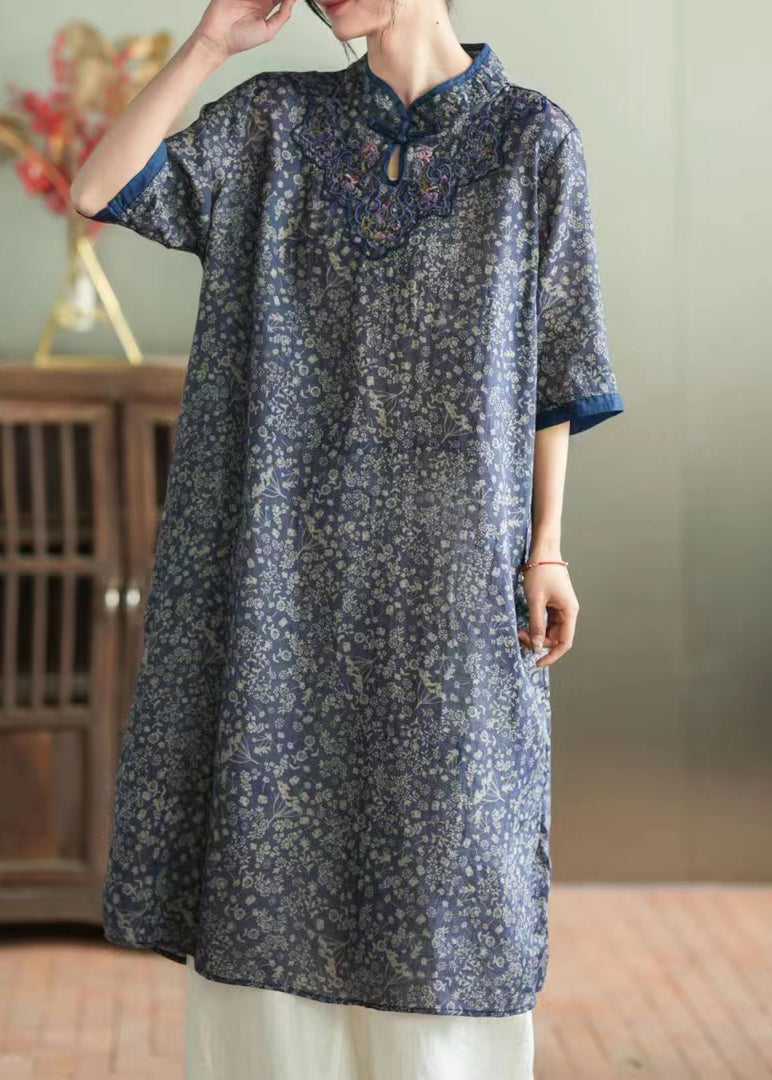 Purple Stand Collar Embroideried Button Linen Long Dress Half Sleeve