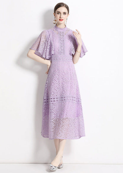Purple Stand Collar Hollow Out Patchwork Lace Dresses Butterfly Sleeve