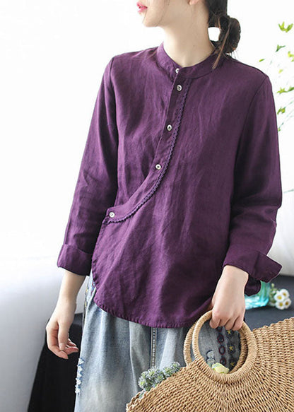 Chic Purple Stand Collar Lace Patchwork Linen Shirt Tops Long Sleeve