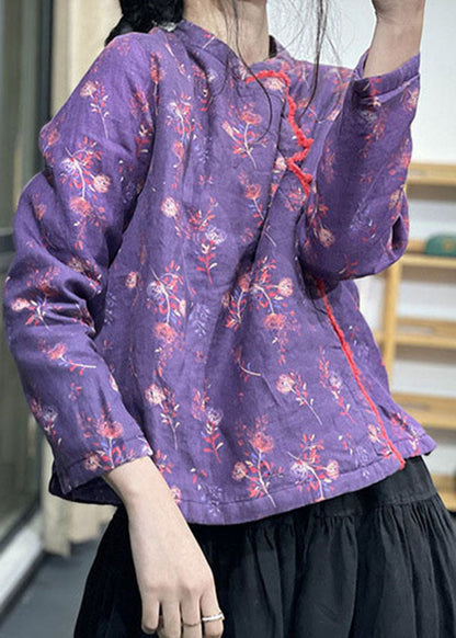 Purple Stand Collar Print Fine Cotton Filled Coats Winter