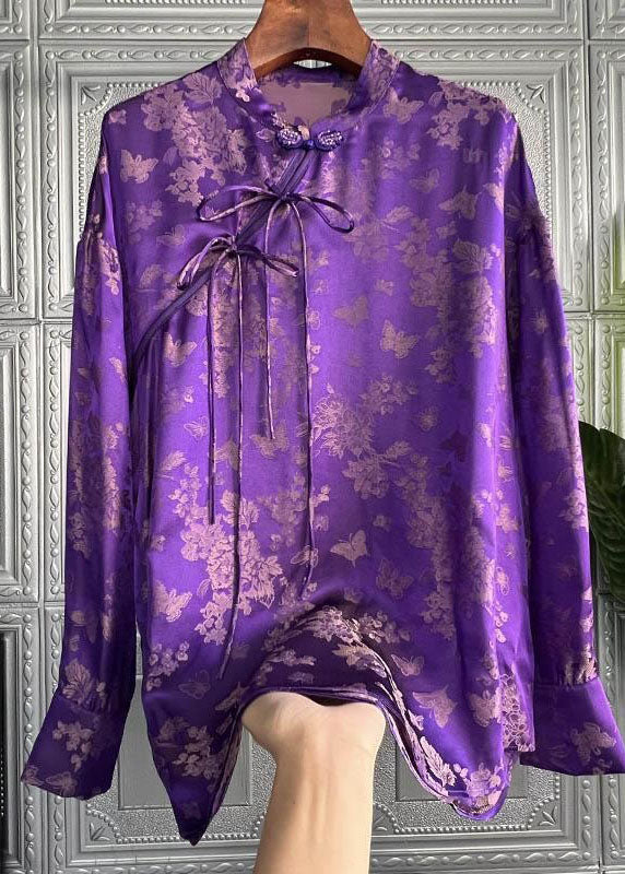 Purple Stand Collar Print Lace Up Silk Shirt Top Spring