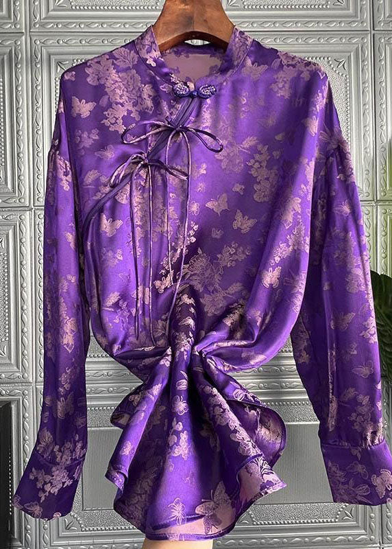 Purple Stand Collar Print Lace Up Silk Shirt Top Spring