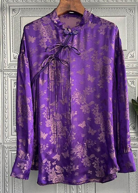 Purple Stand Collar Print Lace Up Silk Shirt Top Spring