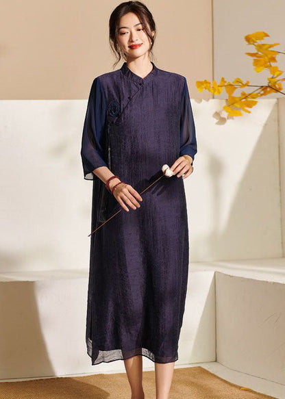 Purple Stand Collar Tasseled Patchwork Silk Dress Summer