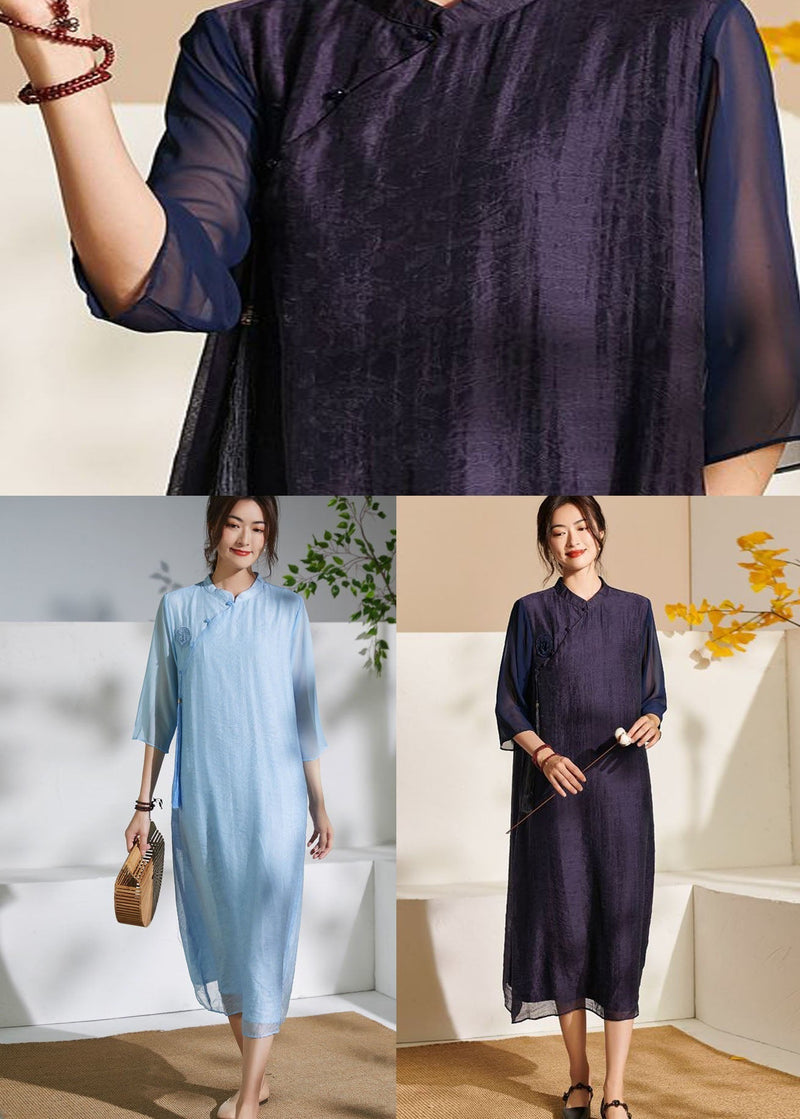 Purple Stand Collar Tasseled Patchwork Silk Dress Summer