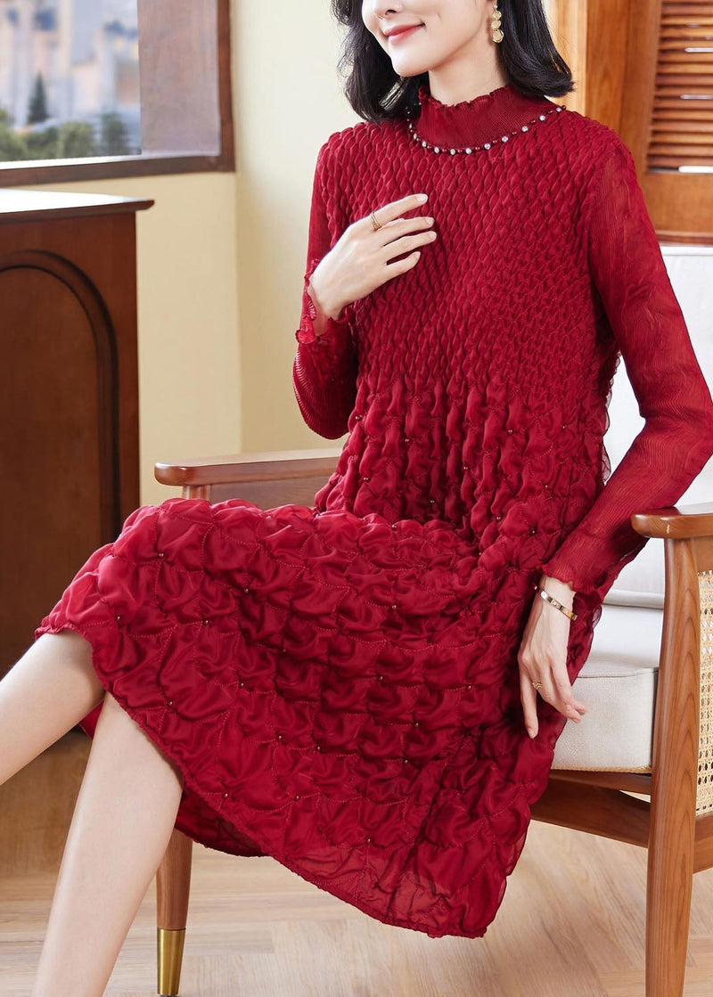 Purple Stand Collar Zircon Wrinkled Mid Dresses Fall