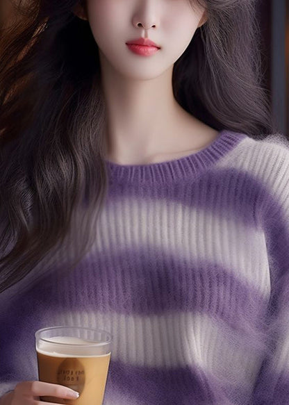 Purple Striped Cozy Ma Hai Mao Sweaters Fall