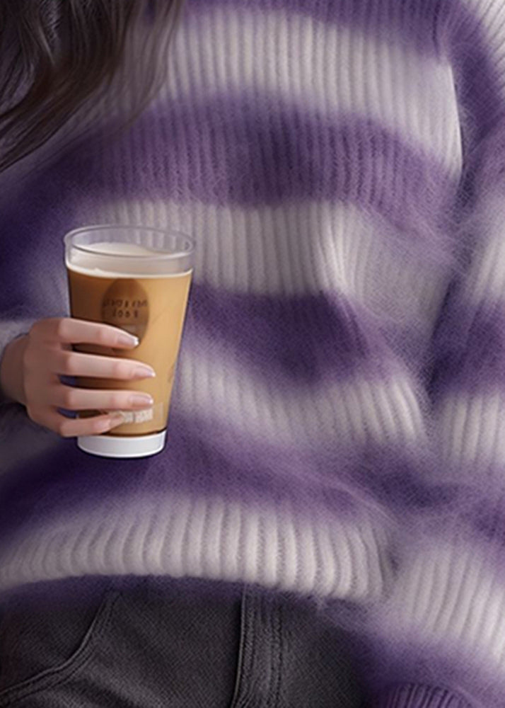 Purple Striped Cozy Ma Hai Mao Sweaters Fall