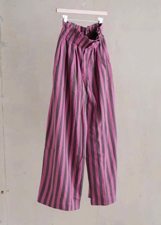 Purple Striped Elastic Waist Cotton Wide Leg Pants Summer