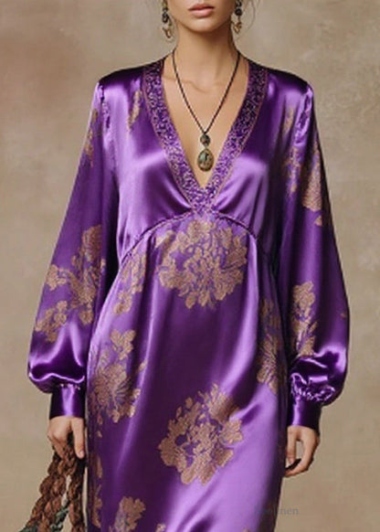 Purple Tasseled Print High Waist Silk Dresses Spring