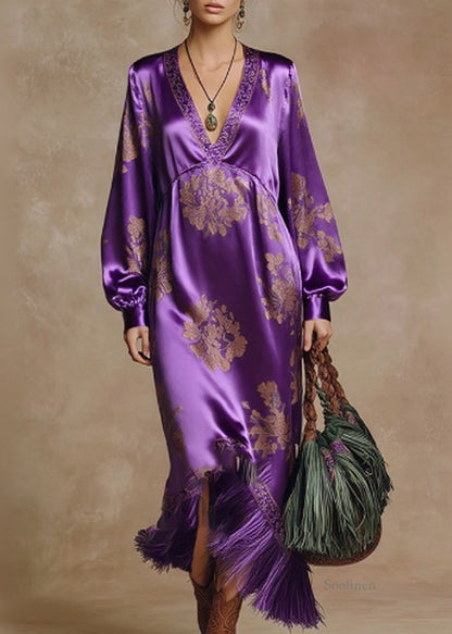 Purple Tasseled Print High Waist Silk Dresses Spring