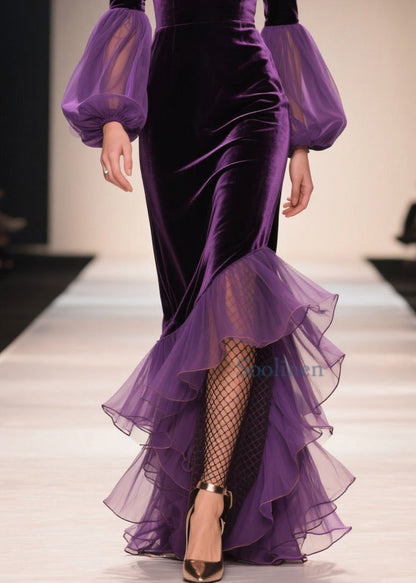 Purple V Neck Asymmetrical Ruffled Patchwork Velvet Dresses Spring