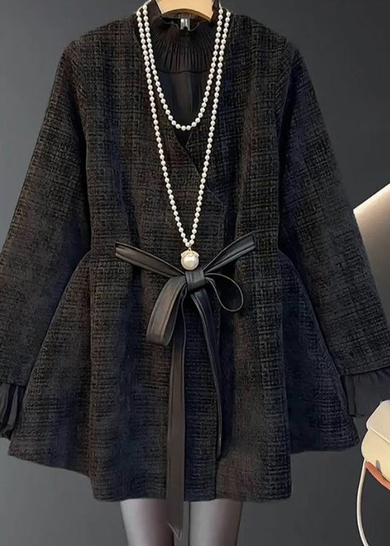 Purple V Neck Bow Thick Woolen Coats Spring