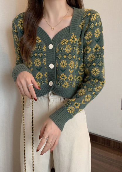 Purple V Neck Button Print Knit Short Cardigans Spring