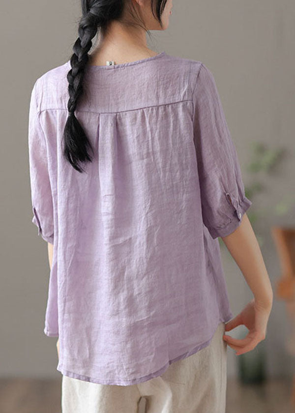 Purple V Neck Embroideried Linen Blouse Tops Half Sleeve