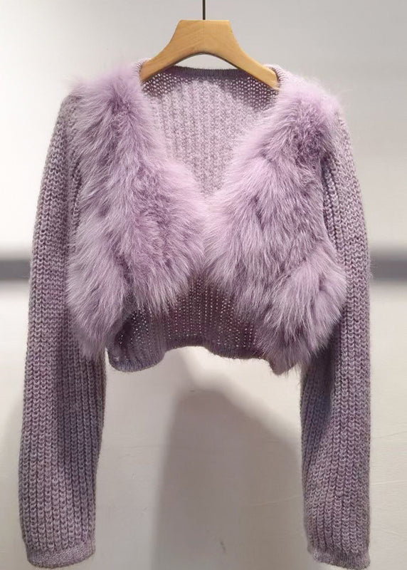 Purple V Neck Patchwork Cotton Knit Sweater Spring