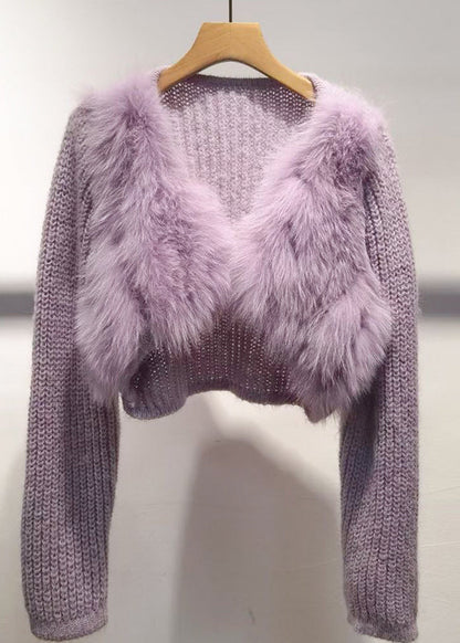 Purple V Neck Patchwork Cotton Knit Sweater Spring