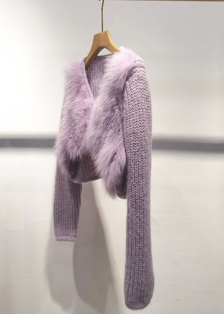 Purple V Neck Patchwork Cotton Knit Sweater Spring