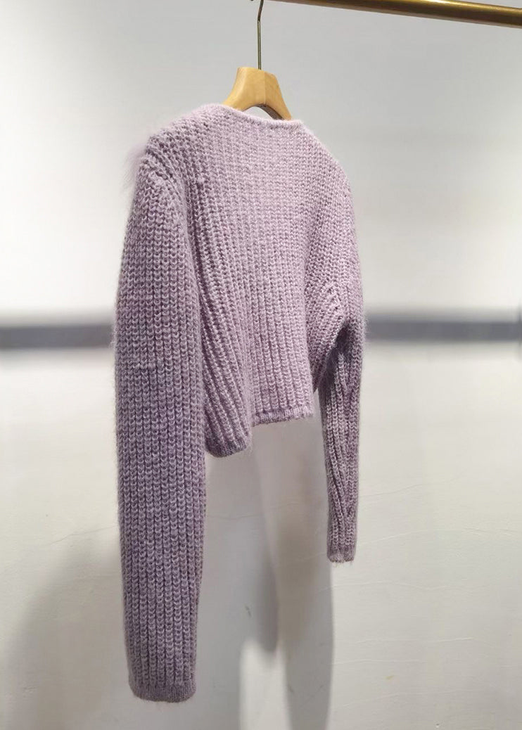 Purple V Neck Patchwork Cotton Knit Sweater Spring