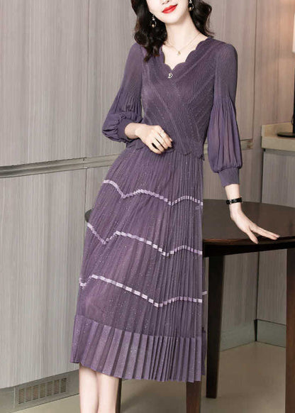 Purple V Neck Patchwork Silk Pleated Dress Long Sleeve