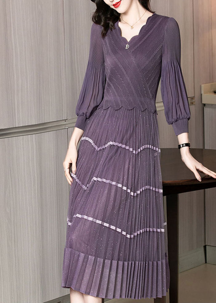 Purple V Neck Patchwork Silk Pleated Dress Long Sleeve