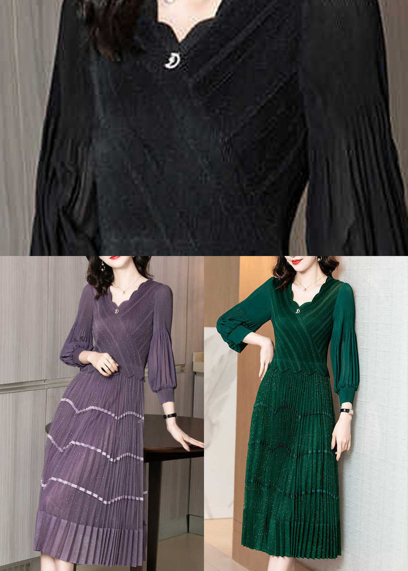 Purple V Neck Patchwork Silk Pleated Dress Long Sleeve