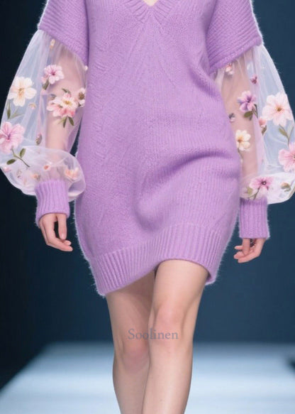 Purple V Neck Patchwork Tulle Knit Sweater Dress Winter
