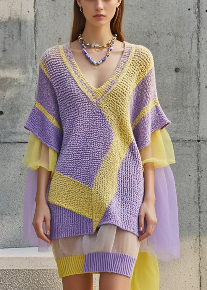Purple V Neck Patchwork Tulle Sweater Dress Fall