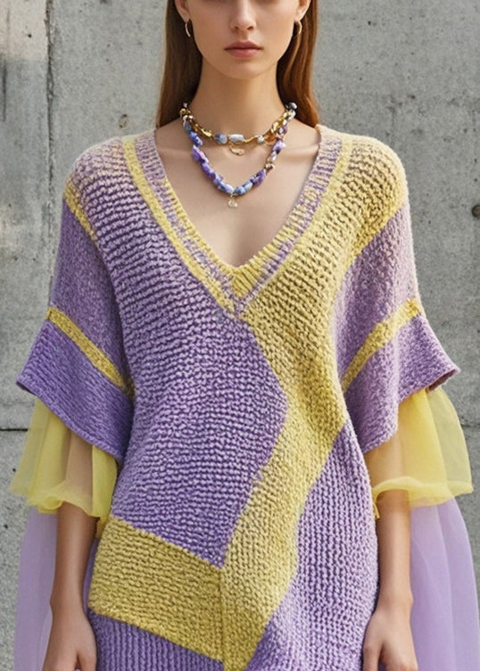 Purple V Neck Patchwork Tulle Sweater Dress Fall