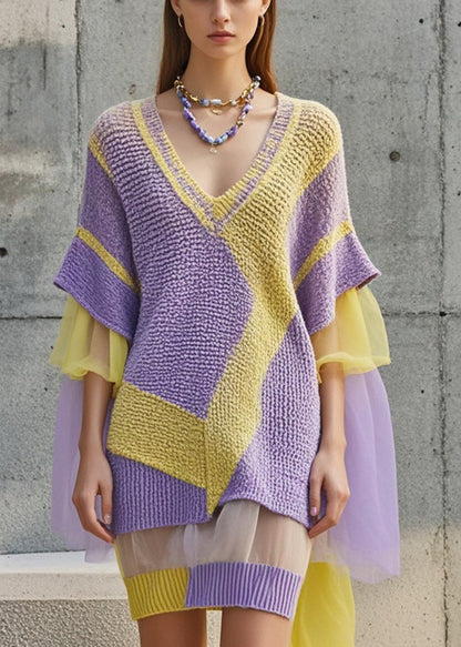Purple V Neck Patchwork Tulle Sweater Dress Fall