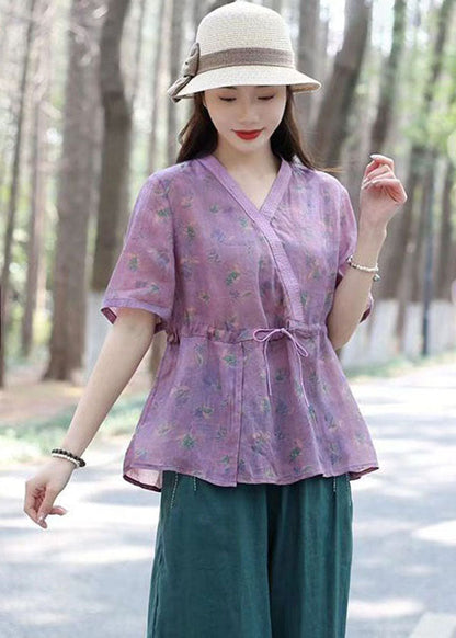 Purple V Neck Print Drawstring Patchwork Linen Shirts Top Summer