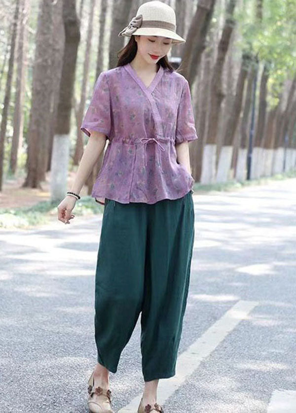 Purple V Neck Print Drawstring Patchwork Linen Shirts Top Summer