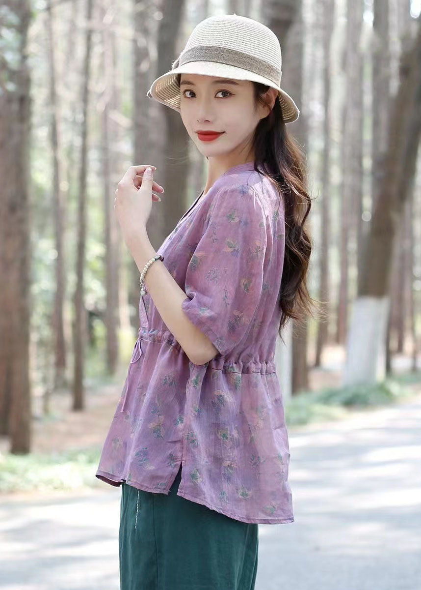 Purple V Neck Print Drawstring Patchwork Linen Shirts Top Summer