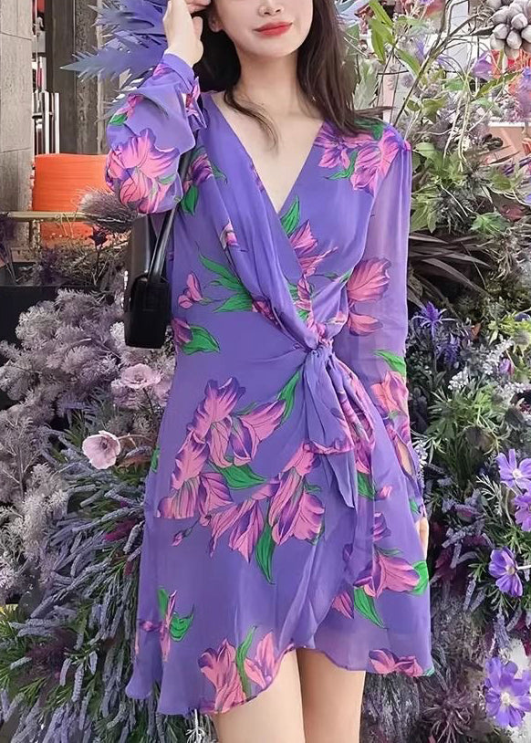 Purple V Neck Print Lace Up Chiffon Mid Dress Long Sleeve