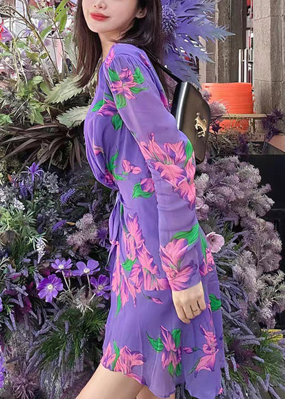 Purple V Neck Print Lace Up Chiffon Mid Dress Long Sleeve