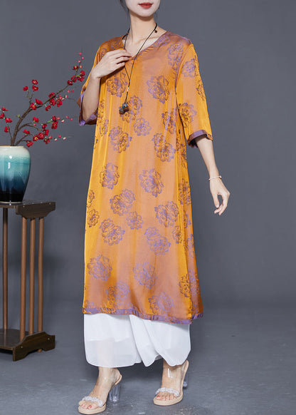 Purple V Neck Print Wear on Both Sides Silk Dresses Summer