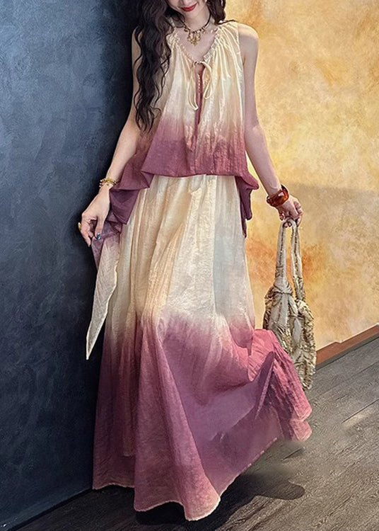 Purple V Neck Ruffled False Two Pieces Linen Silk Dress Summer